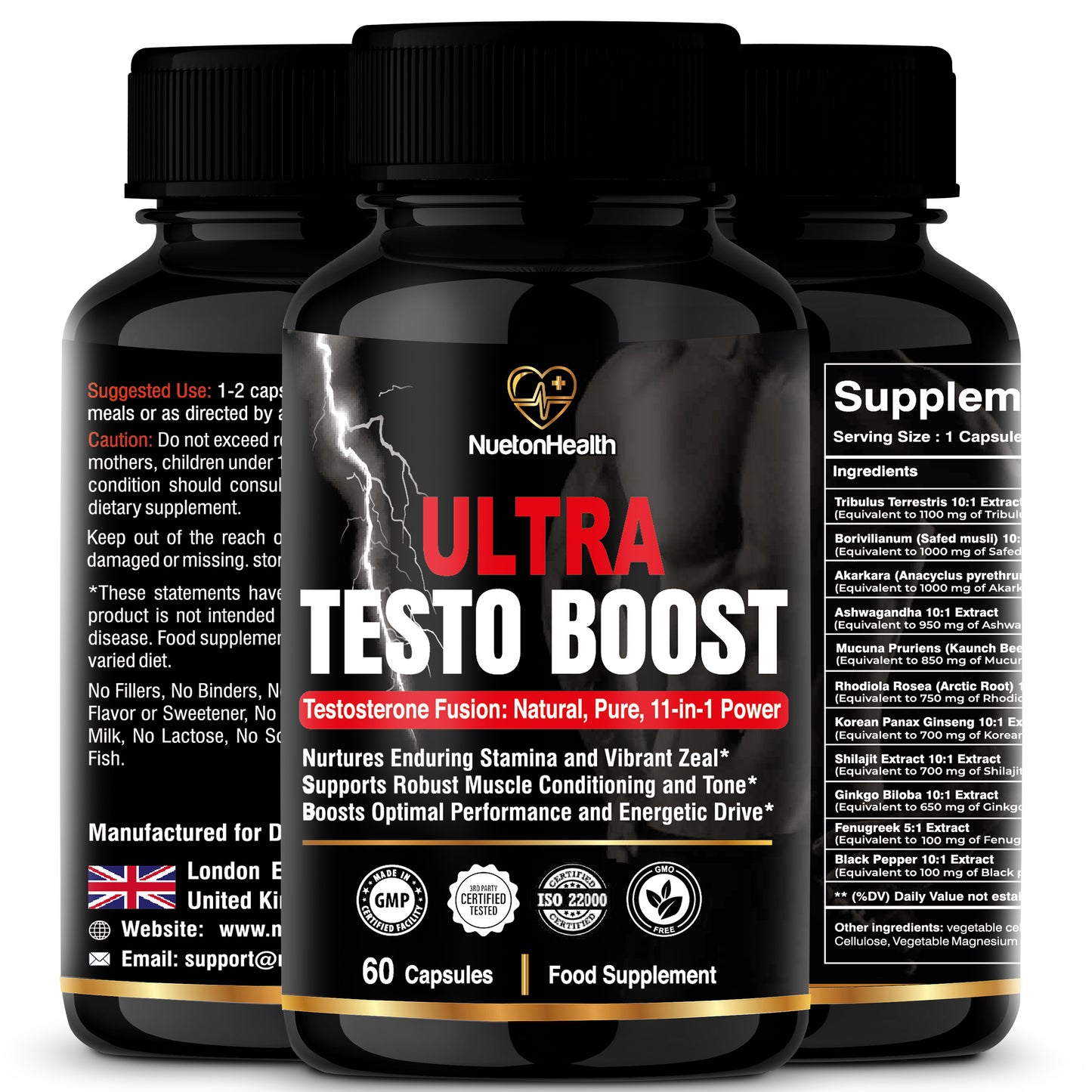 Ultra Testo Boost - Tribulus, Ashwagandha, Ginseng, Shilajit, Ginkgo, Rhodiola Rosea - Premium Testosterone Supplements for Men - 11 Potent Natural Ingredients - 60 Booster Capsules