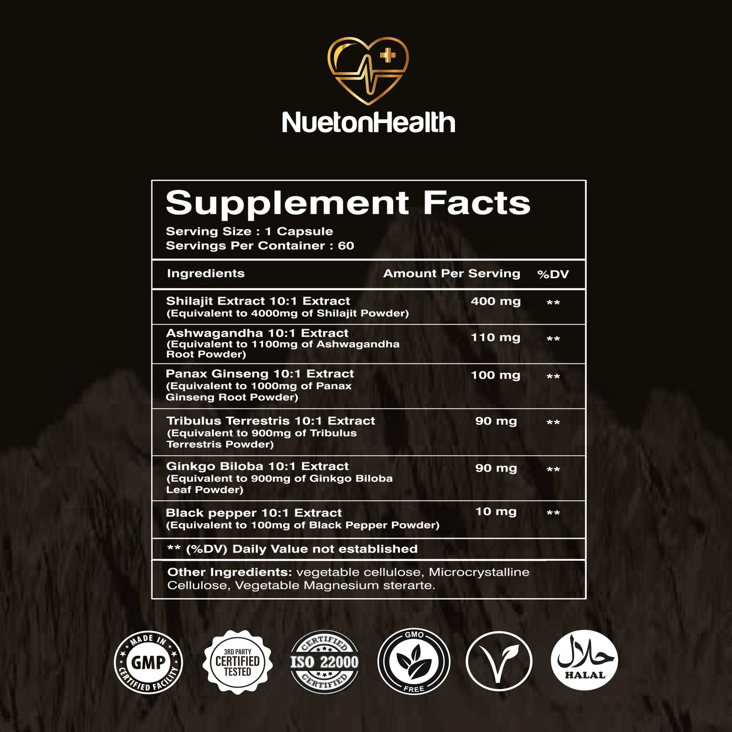 Himalayan Pure Shilajit Capsules with Ashwagandha, Ginseng, Tribulus, Ginkgo & Black Pepper | 60 All-in-1 Natural Powerhouse Supplement for Men and Women