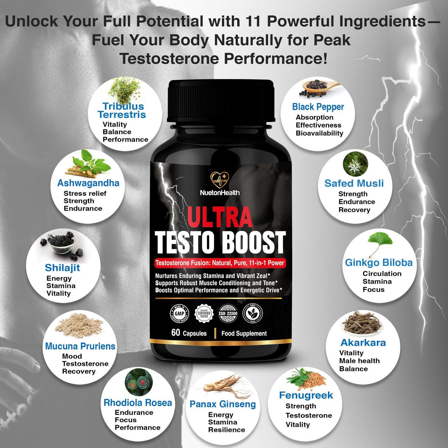 Ultra Testo Boost - Tribulus, Ashwagandha, Ginseng, Shilajit, Ginkgo, Rhodiola Rosea - Premium Testosterone Supplements for Men - 11 Potent Natural Ingredients - 60 Booster Capsules