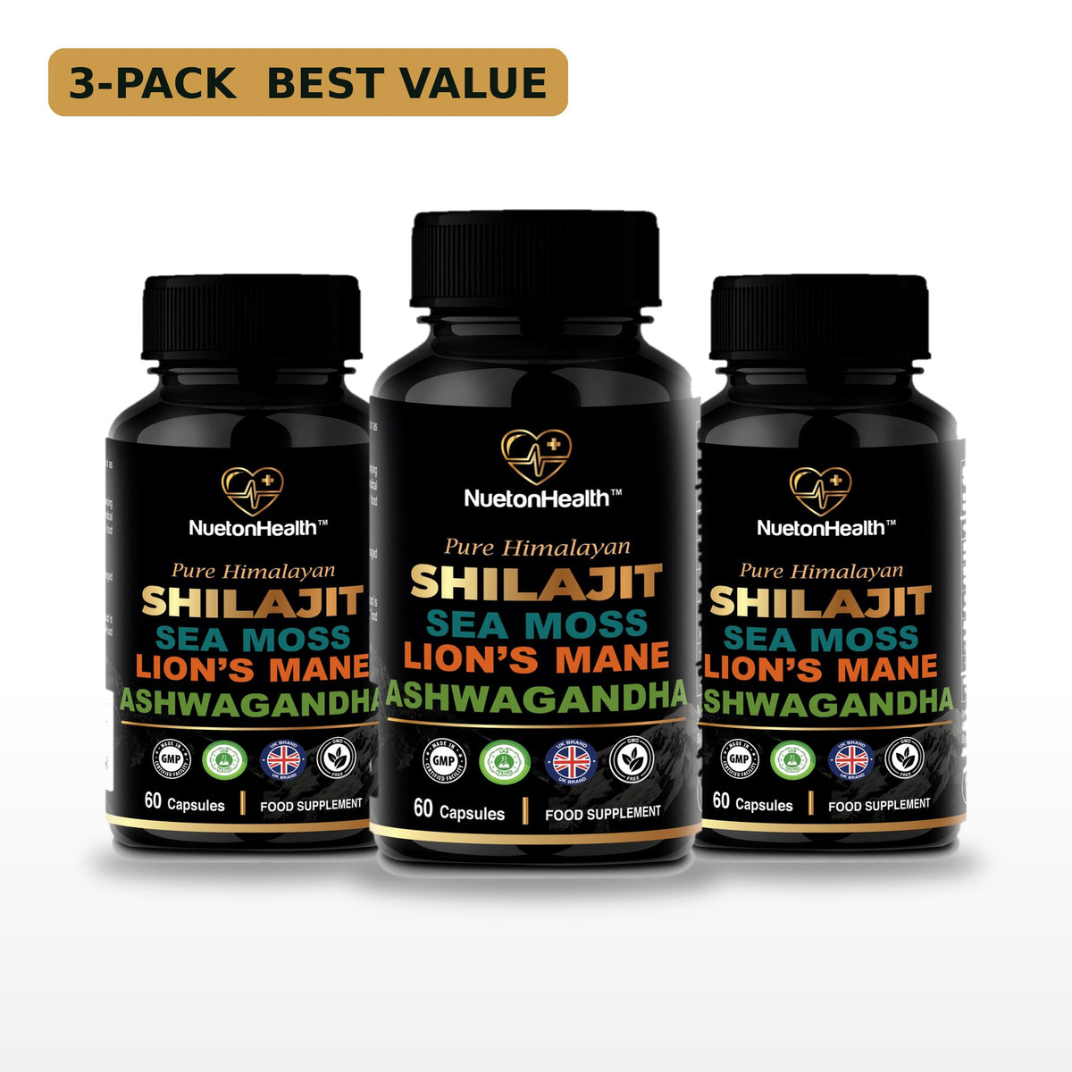 Shilajit 4-in-1 Complex 3-pack, three bottles of 60 vegan capsules, NuetonHealth