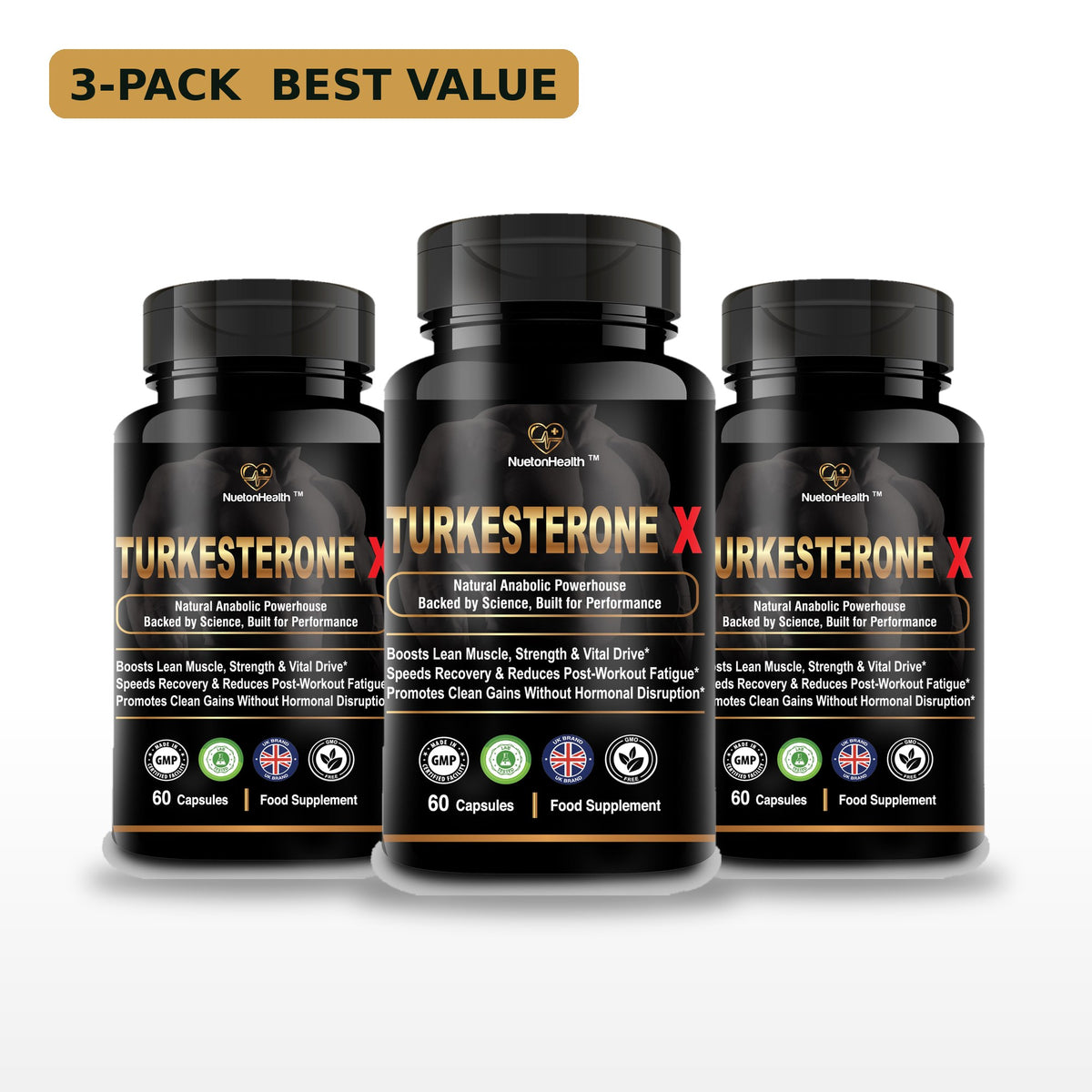 Turkesterone X 3-pack, three bottles of 60 vegan capsules, NuetonHealth