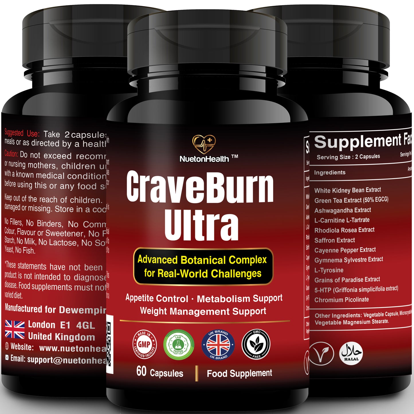 NuetonHealth CraveBurn Ultra – Advanced Appetite Suppressant for Women & Men – Natural Craving Control, Metabolism Support & Weight Management – Non-Stimulant Fat Burner with Saffron, Green Tea & L-Carnitine