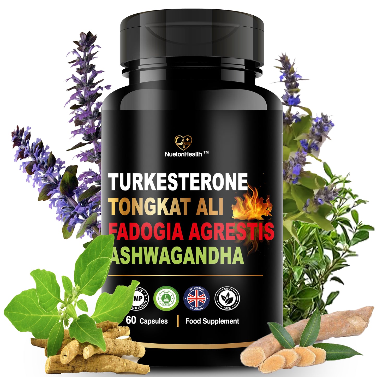 NuetonHealth 4-in-1 Male Vitality Complex – Turkesterone, Tonkat Ali, Fadogia Agrestis & Ashwagandha – Natural Botanical Formula for Energy, Strength & Recovery – 60 Vegan Capsules