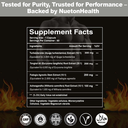4-in-1 Male Vitality Complex - Turkesterone, Tongkat Ali, Fadogia Agrestis & Ashwagandha - 60 Vegan Capsules