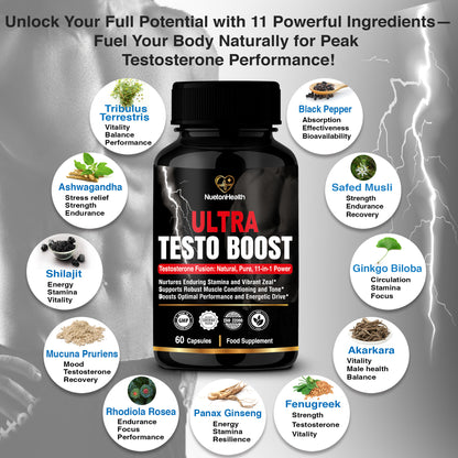 Ultra Testo Boost - 11-Ingredient Botanical Formula for Men - 60 Vegan Capsules