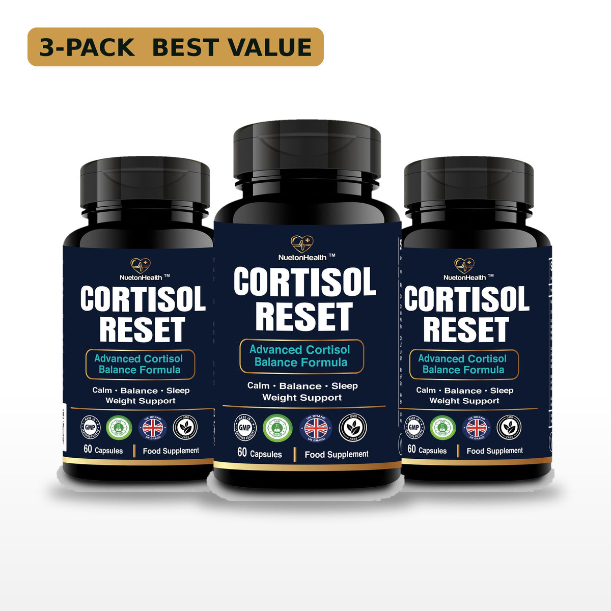 Cortisol Reset 3-pack, three bottles of 60 capsules, NuetonHealth