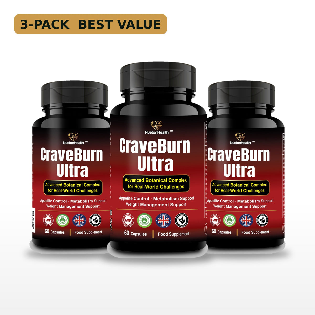 CraveBurn Ultra 3-pack, three bottles of 60 capsules, NuetonHealth