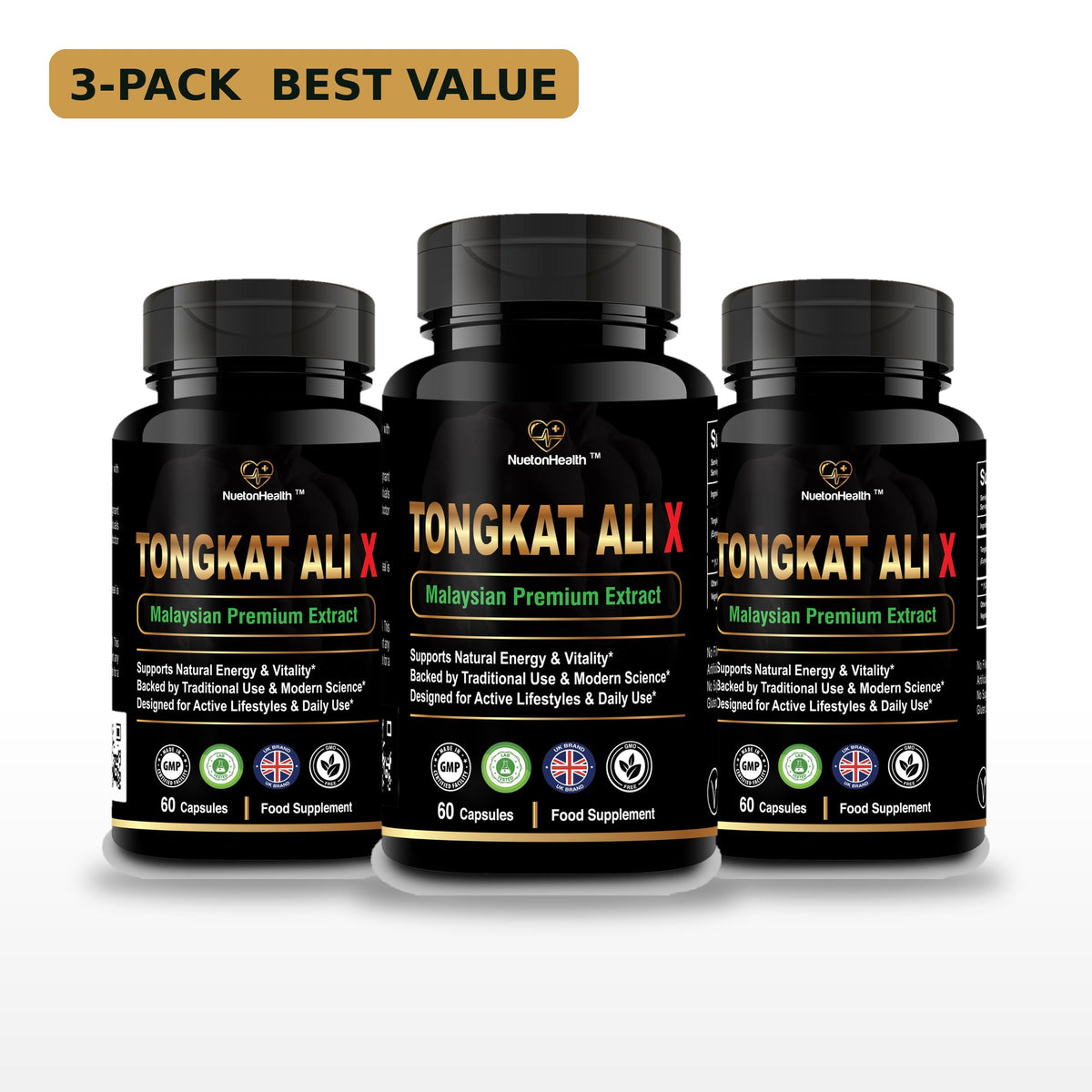 Tongkat Ali X 3-pack, three bottles of 60 vegan capsules, NuetonHealth