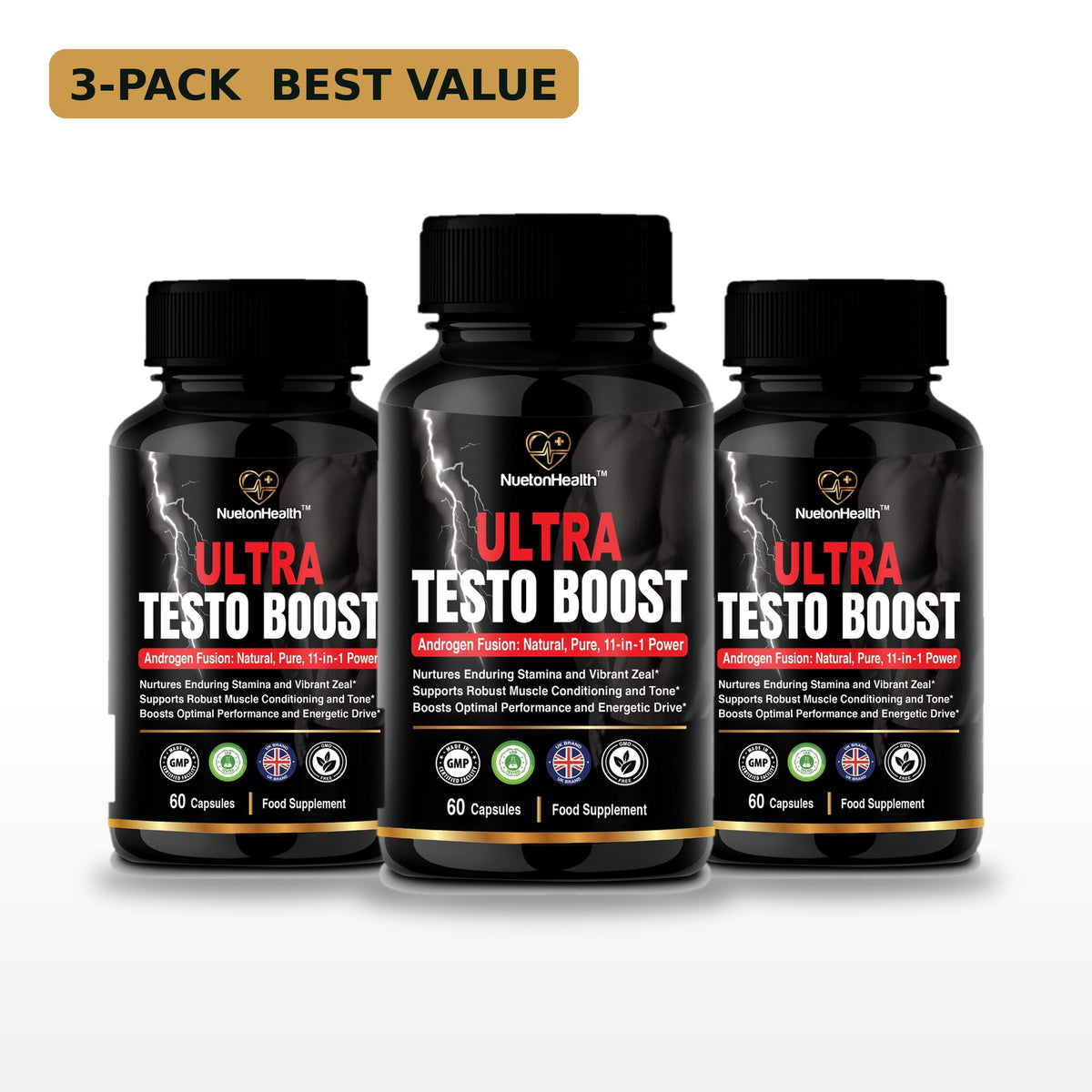 Ultra Testo Boost 3-pack, three bottles of 60 vegan capsules, NuetonHealth